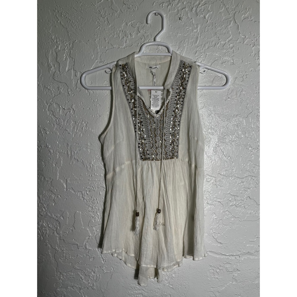 Ultra Pink Womens White Beaded Gauze Sleeveless Tunic Top Boho Tassel Size M NEW